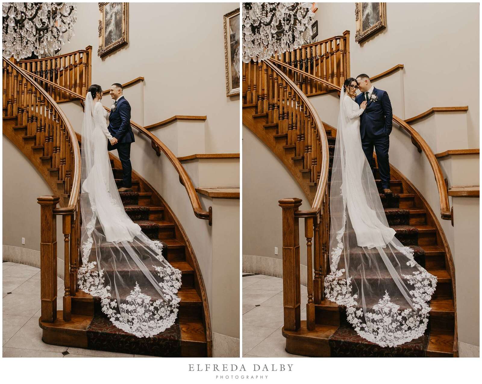 Bride and groom standing on the stairs inside the Royal Ambassador Banquet