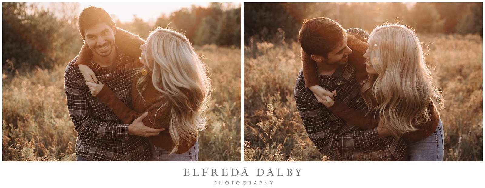 Playful couple in a field during golden hour