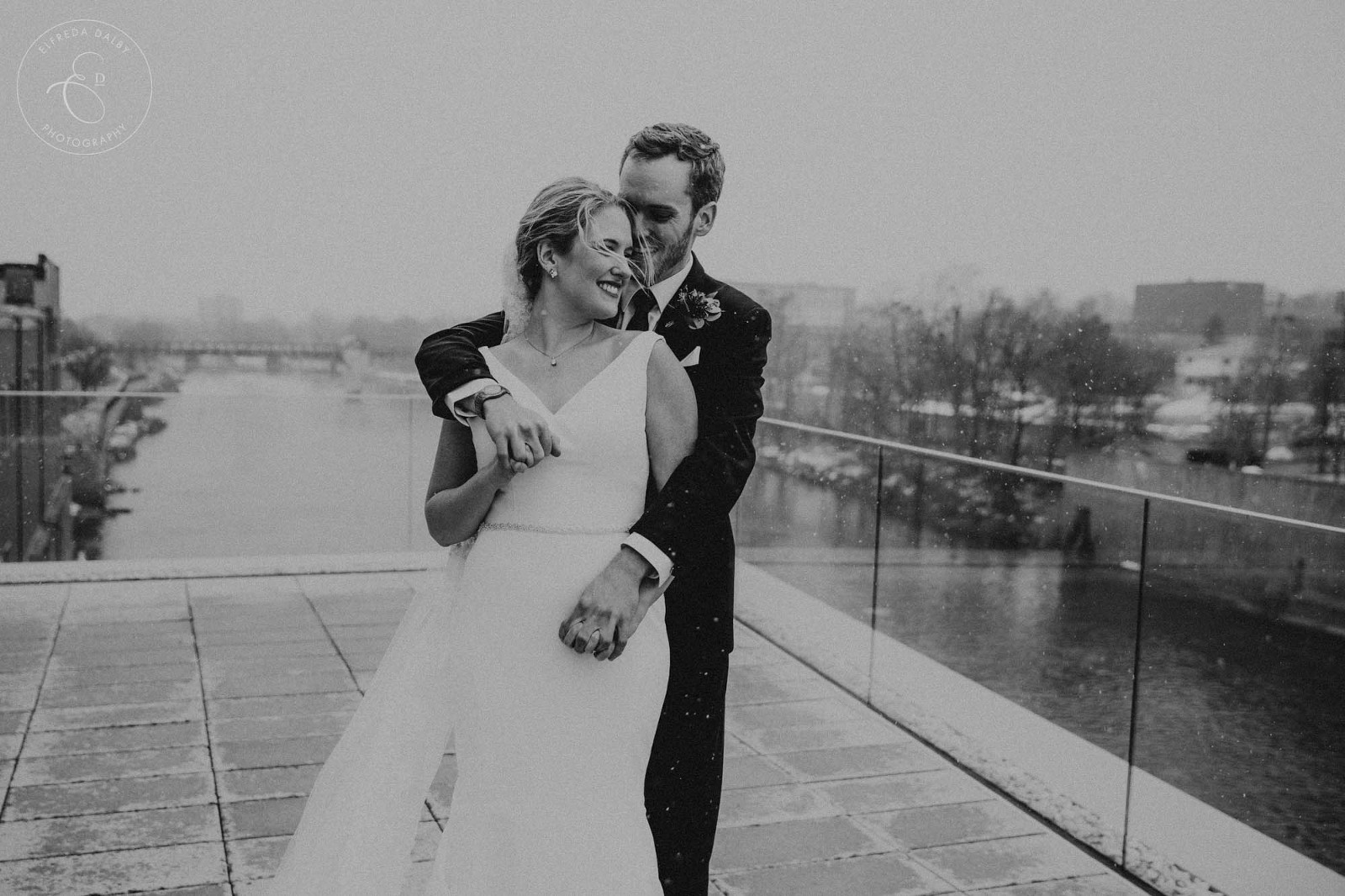 Bride and Groom on a terrace in Cambridge