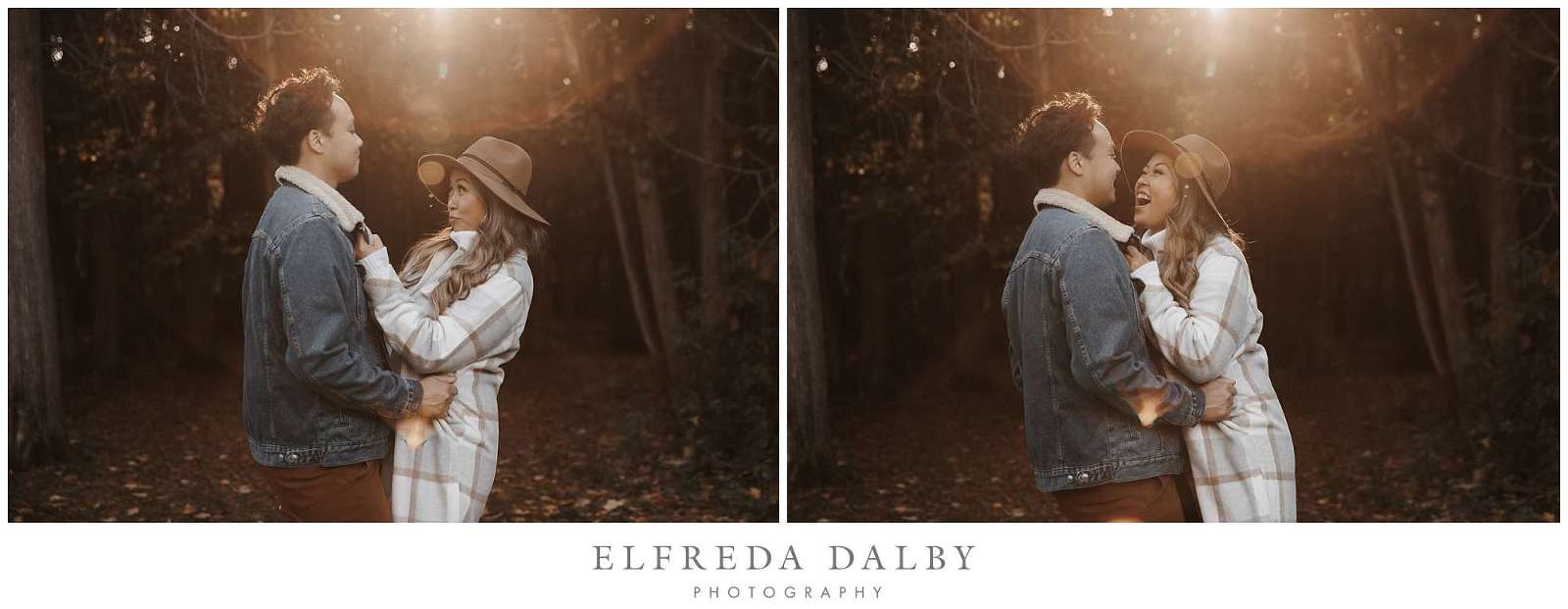Fun couple during their engagement session with gorgeous golden light