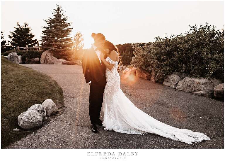 Bride and groom during sunset at Whistle Bear Golf Club