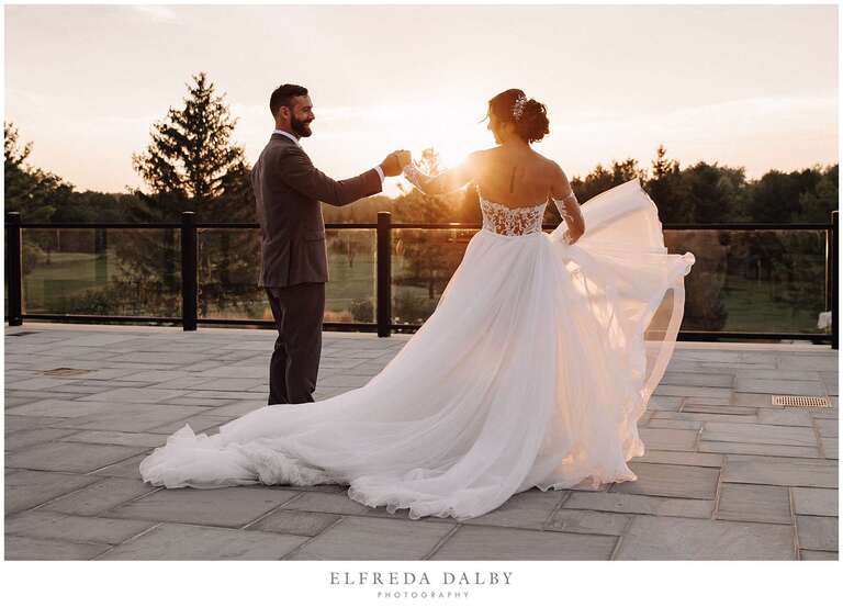 Bride and groom during sunset at Monthill Golf and Country Club