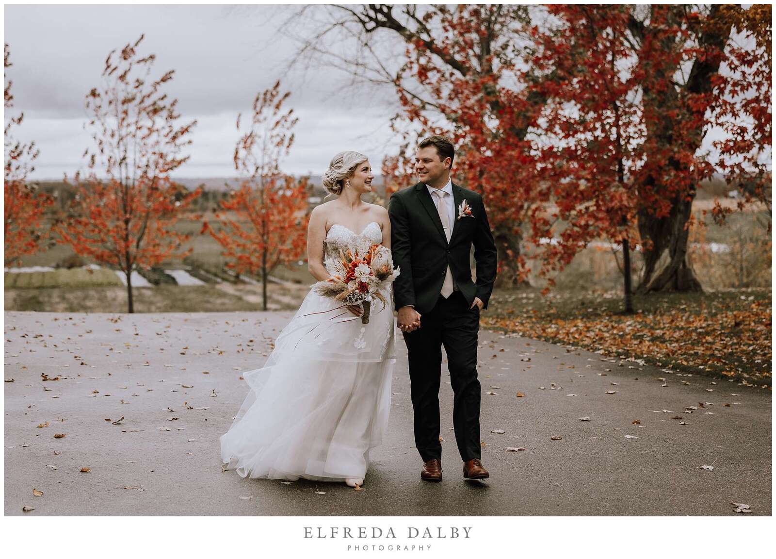 Bride and groom walking at Earth to Table Farm