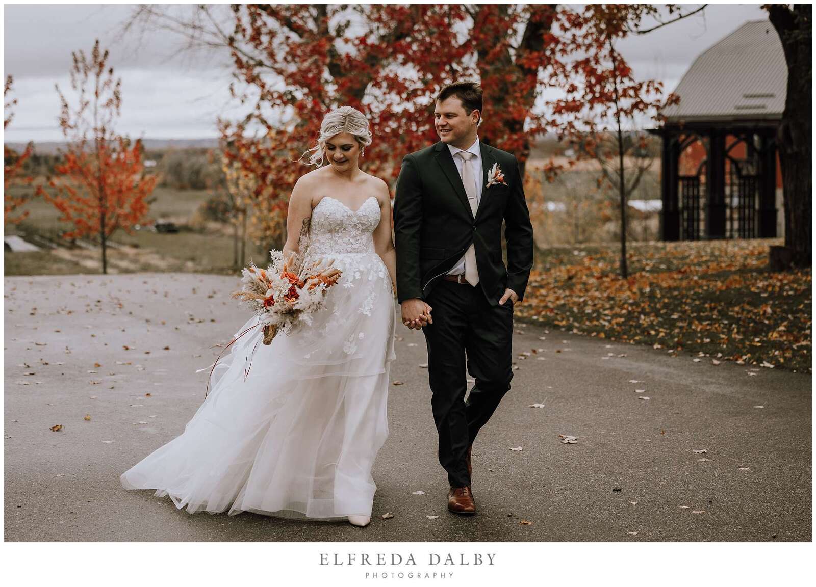 Wedding couple walking together at Earth to Table Farm