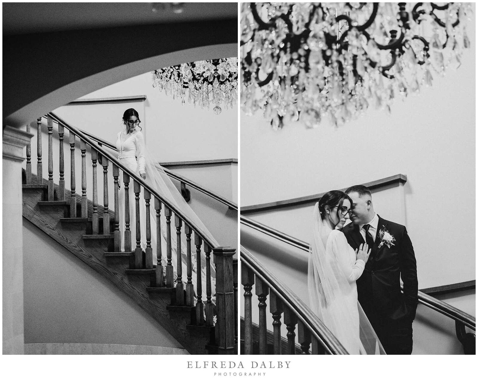 Bride and groom on the stairs inside the Royal Ambassador Banquet