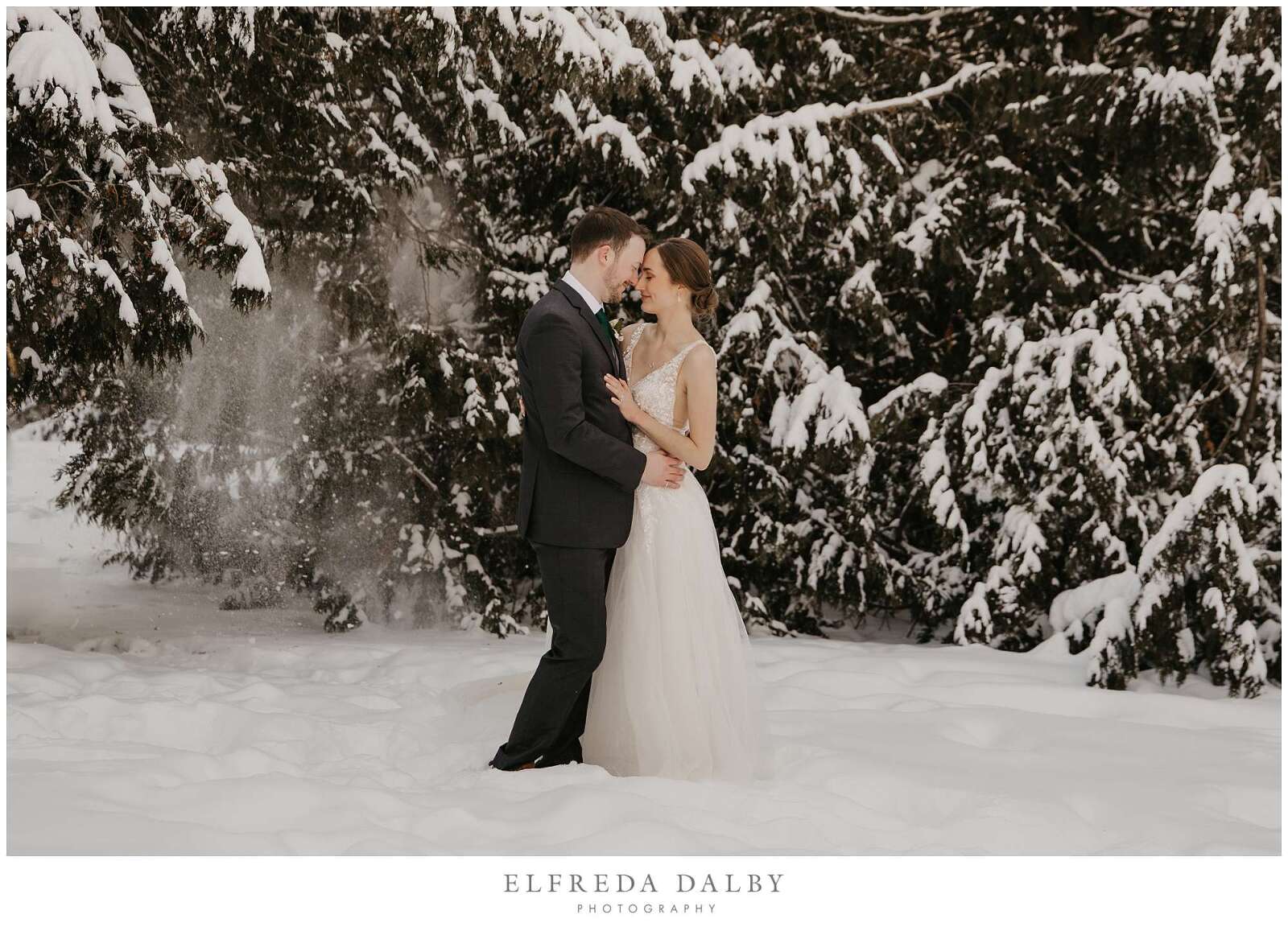 Bride and groom standing in snow in Elora