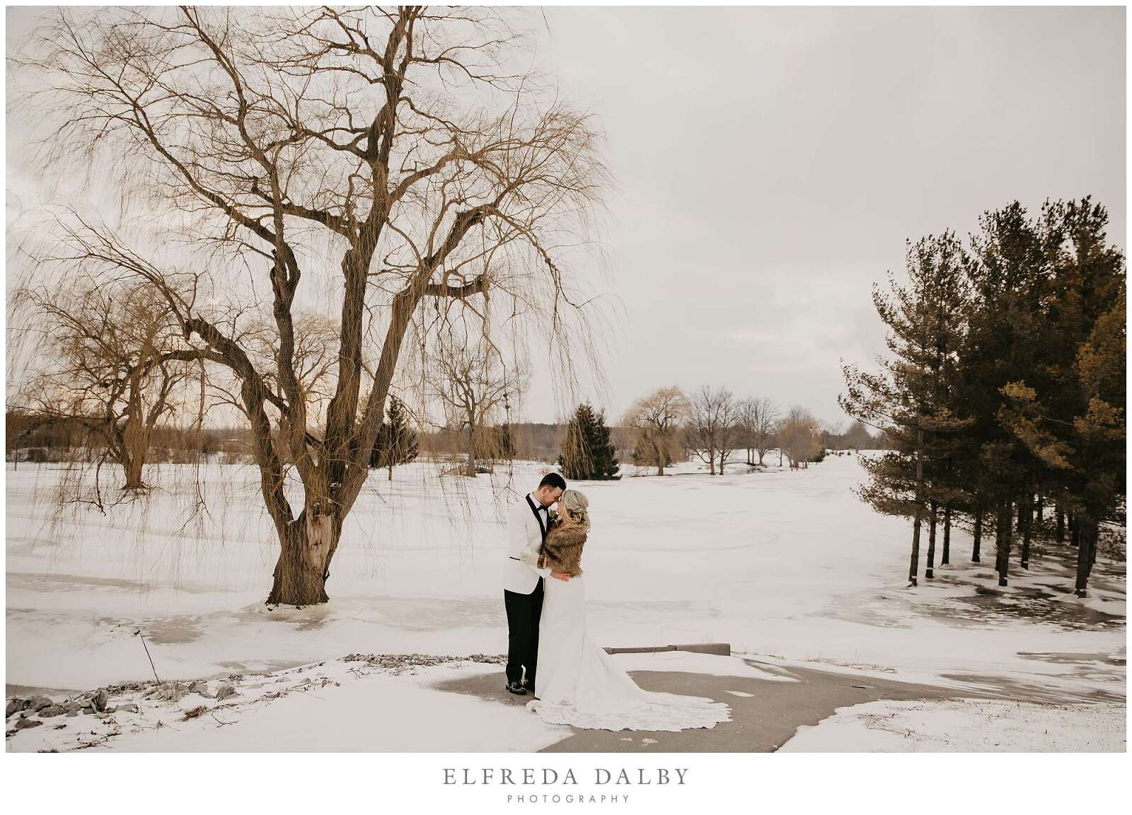 A wide photo of a wedding couple standing in the snow at MontHill Golf & Country Club