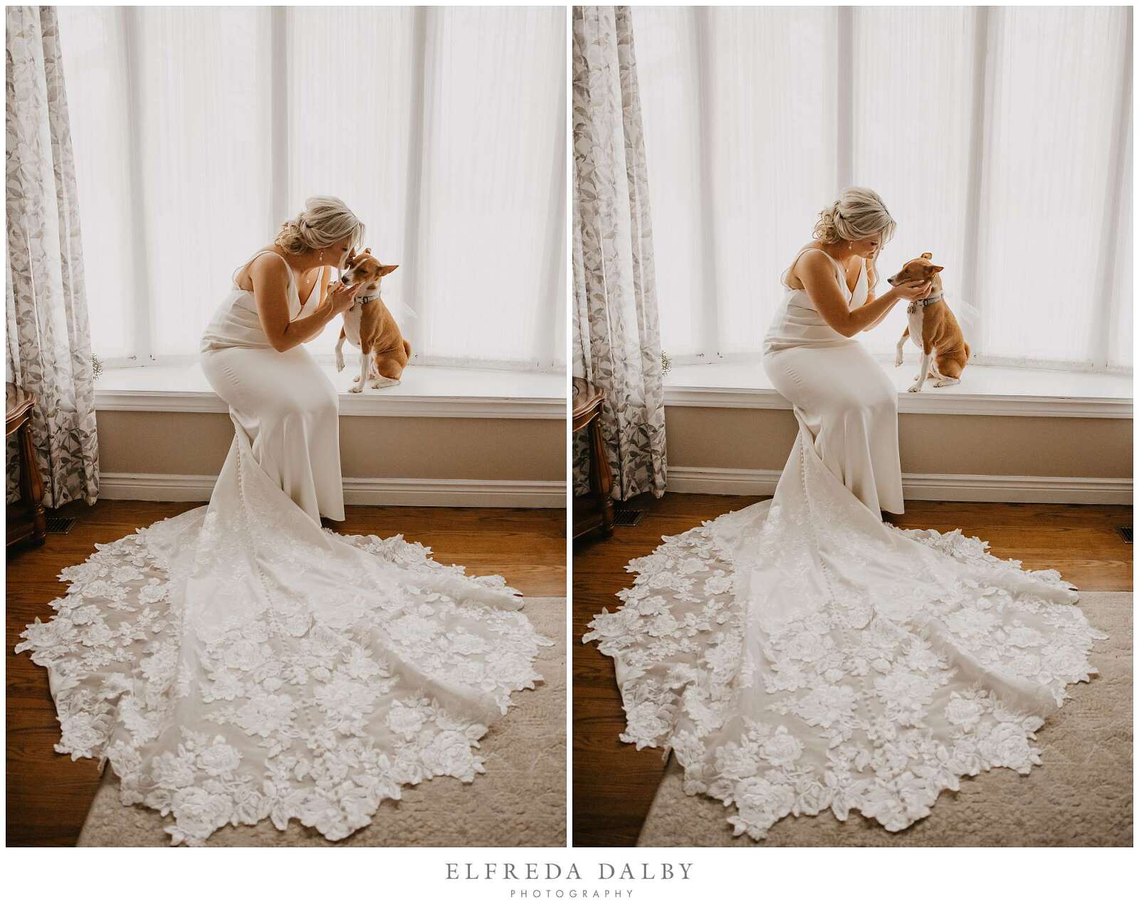 Bride sitting with her dog at the window