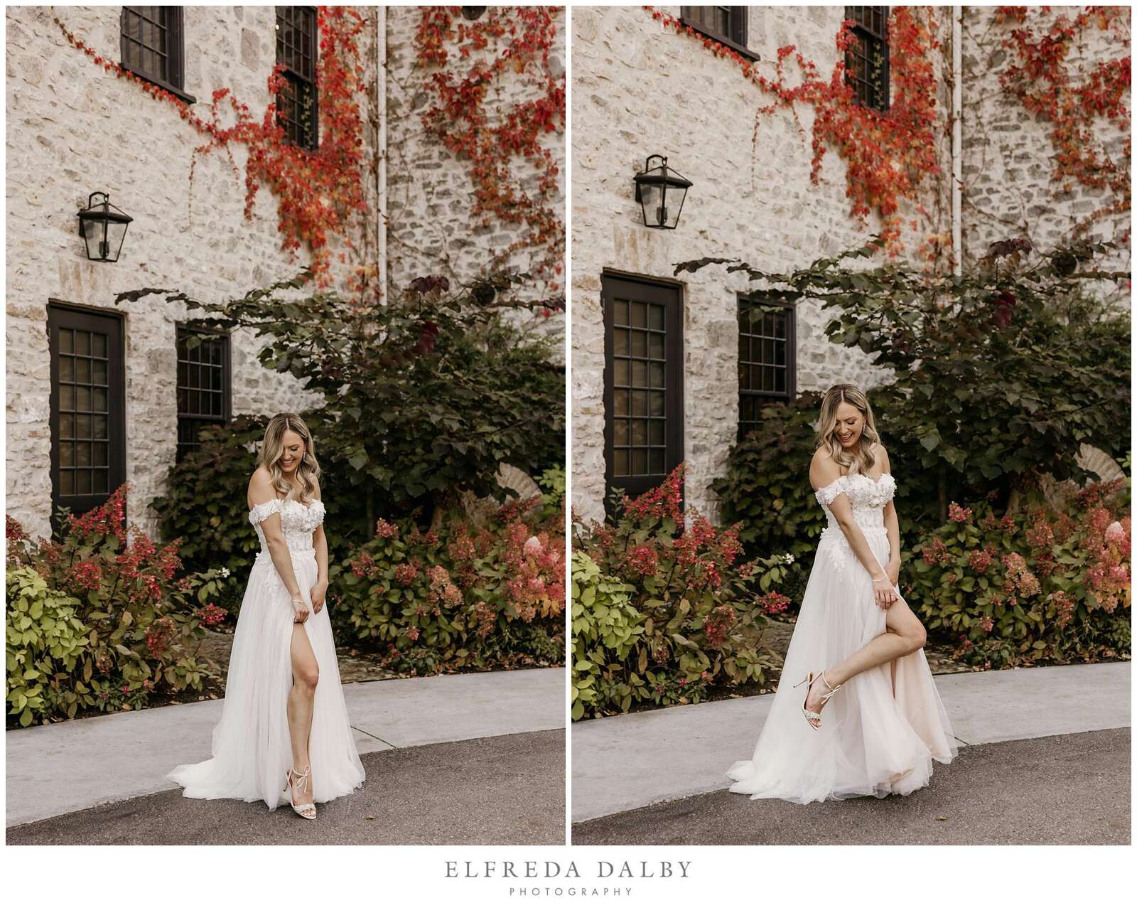 Bride standing in front of the Elora Mill