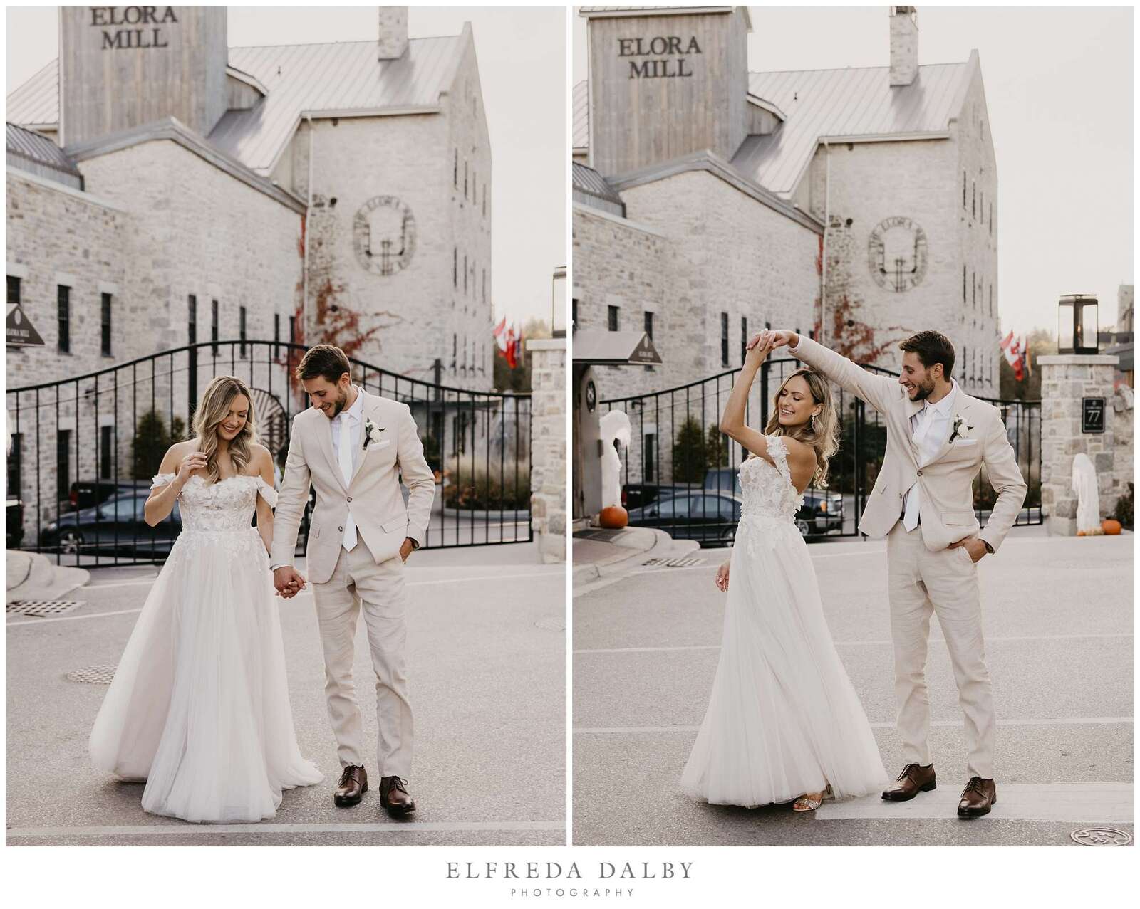 Bride and groom standing in the street in front of the Elora Mill