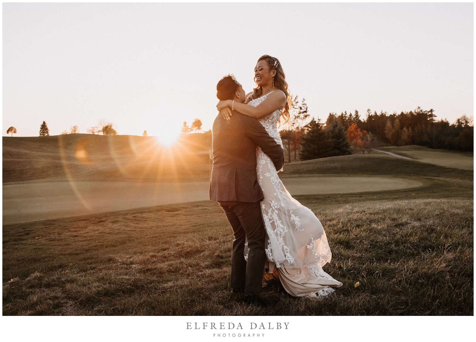 Groom is picking up his bridge at Whistle Bear Golf Club during sunset